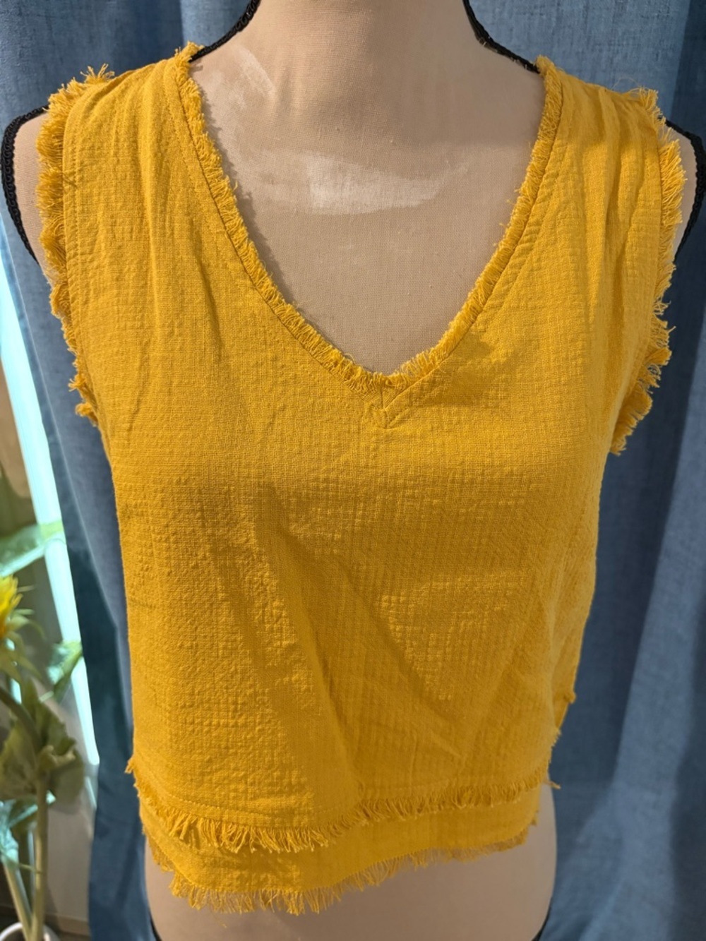 Frayed V-Neck Sleeveless Tank Top in Mustard Yellow